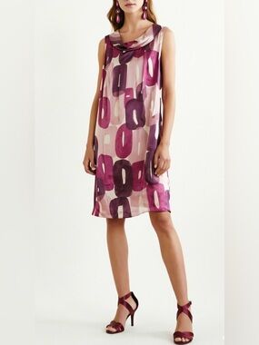 Ellen Tracy 100% Silk Shift Dress Size 6 Pink Abstract Print Sleeveless 37” NWOT